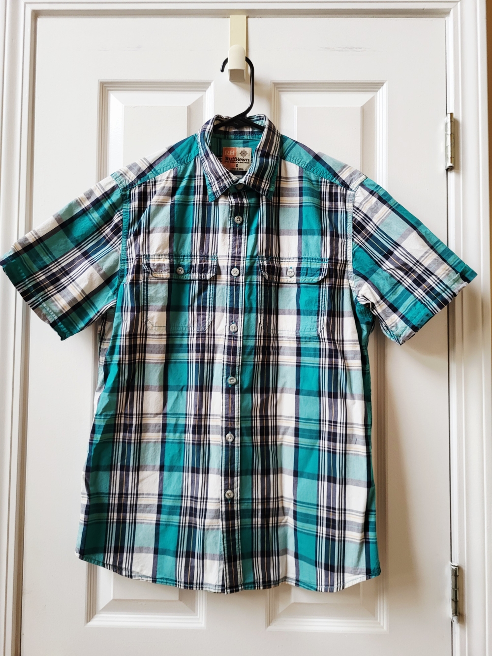 Ruff Hewn Mens Shirt Size S Plaid Button Short Sleeves Pockets White/Green Multi